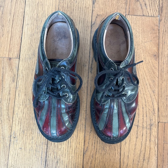 John Fluevog Angels Supervog Burgundy with Gray Rub-Off Derbies